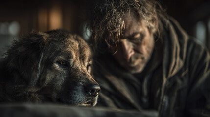 Man with dog in warm natural light showing soft rim edges and intimate connection, capturing tender moment of companionship and calm in dimly lit setting