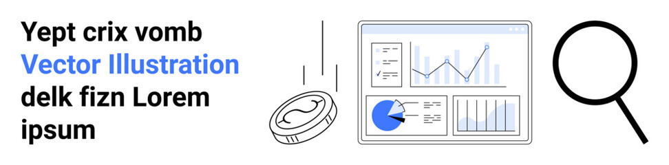 Coin dropping next to data charts and graphs, accompanied by a magnifying glass. Ideal for finance, analysis, statistics, investment, research, insight, simple landing page