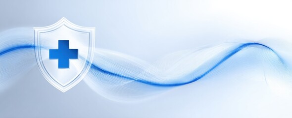 Shield with blue medical cross symbol on light blue wave background. Healthcare protection concept with security and safety theme. Modern technological illustration for medical industry and insurance 