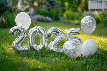 Metallic Silver Balloons Spelling 2025 Standing On Green Grass With Floating White Balloons In Bright Sunlight
