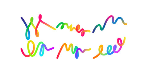 Gradient color line set featuring 3D wave shapes and spiral rainbow ribbons ideal for vibrant abstract modern vector design graphics and creative layouts