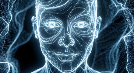 Digital Human Face Visualization with Neural Network Patterns in Abstract Blue Tech Environment Illustration