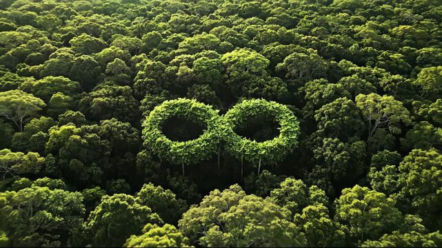 Green infinity symbol in a lush forest, symbolizing sustainability and renewal.
