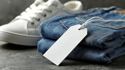 Folded blue denim jeans with blank white tag and white casual sneaker on dark surface