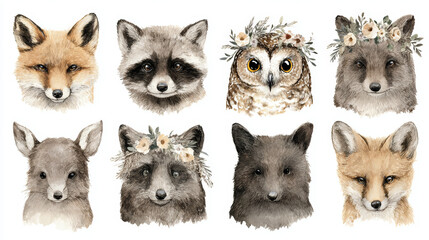 Fototapeta premium Watercolor animal portraits with floral crowns, including fox, raccoon, owl, and deer, charming and detailed wildlife art