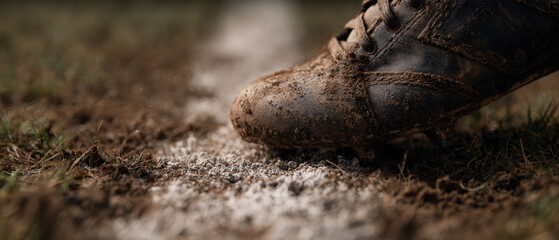 Obraz premium Muddy cleat grass dirt white line sport field closeup energetic moment