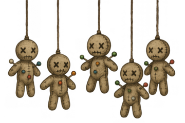 Voodoo dolls hanging as a ritual symbol, embodying curses, dark magic, and a spooky halloween horror concept