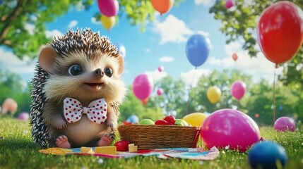 Hedgehog picnic party cute animal balloons summer celebration adorable outdoors nature fun whimsical happy