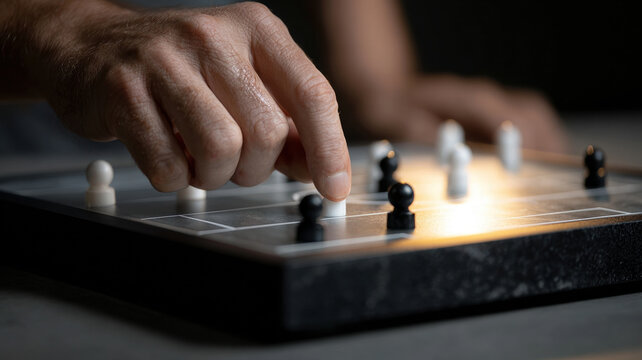 Hand board strategy game focus black white planning move - Powered by Adobe