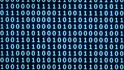 Digital code in binary format displayed on a dark background creates a pattern of ones and zeros
