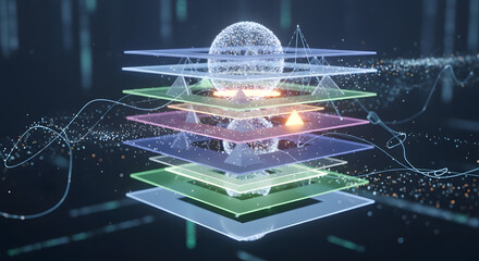 3D Digital Data Layers with Spherical Core, Abstract Technology Visualization, Futuristic Concept, Dark Environment, Isometric View