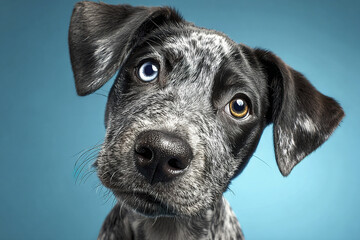 Playful canine tilting its head toward viewer with heterochromia eyes and speckled black and white fur on blue background, showing curiosity and charm