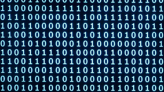 Digital code in binary format displayed on a dark background creates a pattern of ones and zeros