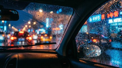 Raindrops on car window with blurred colorful city traffic lights bokeh at night