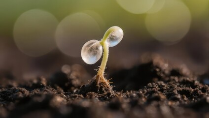 Tiny Green Sprout with Water Droplets Emerging from Dark Soil.