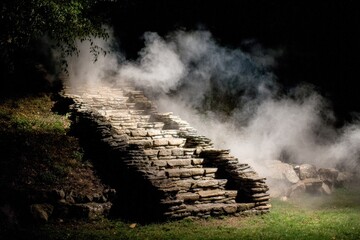 Stone Staircase Leading Through Misty Atmosphere in Natural Setting