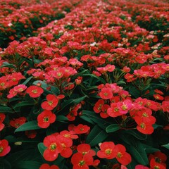 Vibrant Red Flowers Blooming in a Lush Garden Setting with Green Leaves