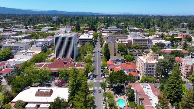 Historic commercial buildings aerial view on Hamilton Avenue including City hall in historic city center of Palo Alto, California CA, USA. 