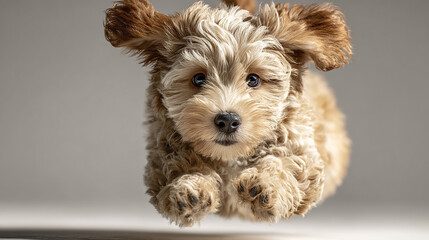 Curly fur puppy with expressive eyes captured mid jump against neutral background, showing energetic and playful motion with soft lighting highlighting its fluffy texture