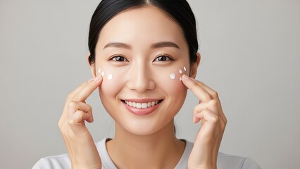 Happy Asian Woman Smiling and Applying Cream on Her Face Beautiful Young Woman with Spots of Cream on Cheeks Advertising Skincare Products Girl with Clean Skin