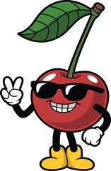 Cherry Cartoon Mascot with Sunglasses – Peace Sign Fruit Character Design