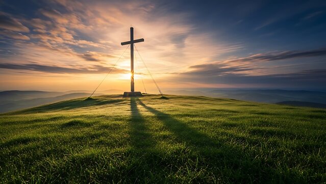 Majestic Cross on a Grassy Hilltop at Sunrise