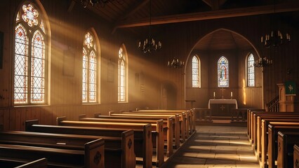 Sunbeams illuminate a serene church interior with stained glass windows