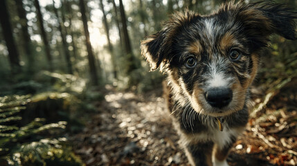 Puppy exploring forest floor with dappled sunlight filtering through trees, showing curious expression and soft fur in natural woodland setting