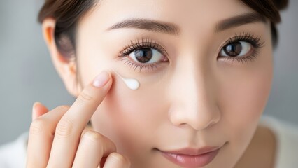 Beautiful asian woman applying face cream for skincare routine with finger touching cosmetic product for moisturizing anti aging wrinkle treatment standing against gray background