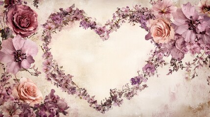 Floral heart-shaped frame with roses and lilac on textured background.
