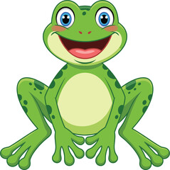 Happy cartoon frog character with big eyes and green body sitting on white background for kids education and decoration