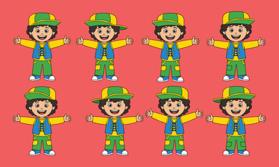 Happy cartoon boy character wearing yellow and green cap, blue vest, yellow shirt, green pants, white sneakers, curly hair, smiling, standing with open arms, red background