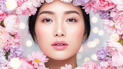 Portrait of beautiful asian woman framed by flowers with soft lighting and bokeh effect for artistic beauty and elegant portrait showcasing delicate features and radiant skin