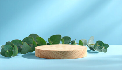 Wooden empty podium for presentation or advertising round product display on blue background with green eucalyptus leaves and shadows concept of scene stage for natural products or promotion sale
15