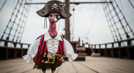 Obraz premium A whimsical turkey dons pirate attire against a ship backdrop evoking festive humor