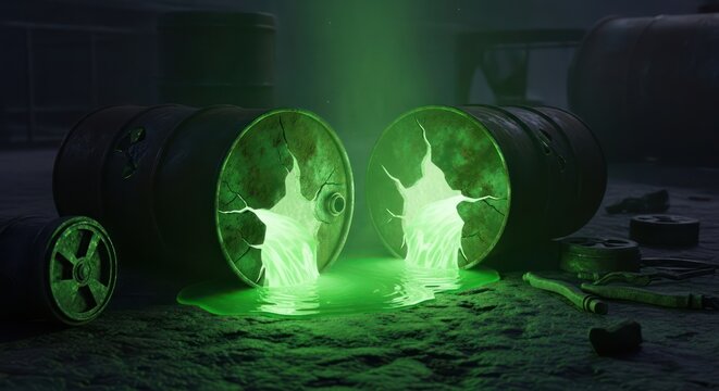 Illuminating leakage scene: A toxic green liquid spills from fractured barrels showcasing