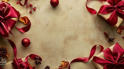 Festive Christmas gifts with red ribbons and ornaments arranged on beige background.