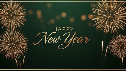 Happy new year greeting card with festive golden fireworks and green background.