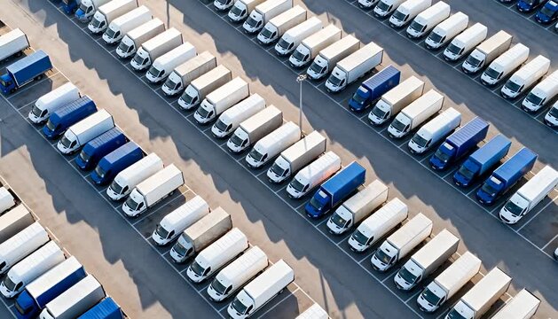 Aerial view of large vehicle fleet parked in rows logistics hub freight vehicles transport distribution.