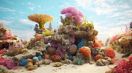 Vibrant coral reef with diverse marine life against a blue sky background