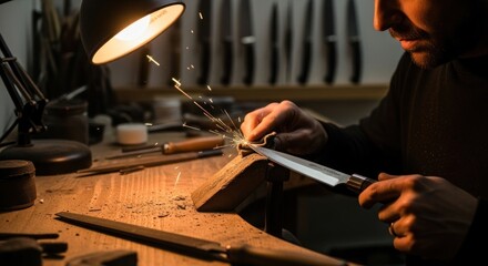Craftsman sharpening a handmade knife with sparks flying in a traditional workshop.