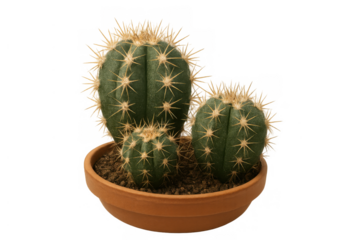 Group of green cactus plants growing in a terracotta pot, a succulent desert houseplant with sharp thorns, transparent background