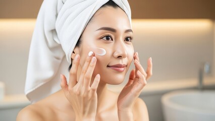 Young woman applying facial cream in bright bathroom with towel on head enjoying everyday beauty treatment as part of healthy lifestyle and skincare routine 200 characters