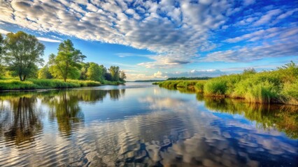 Obraz premium Serene River Reflection A Tranquil Landscape of Lush Green Banks, Rippling Water, and a Vivid Blue Sky Adorned with Fluffy White Clouds