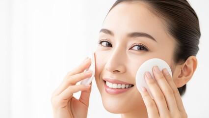 Beautiful asian woman applying make up removing pads in bright indoor studio advertising beauty and skincare as part of everyday self care routine and healthy lifestyle 200 characters