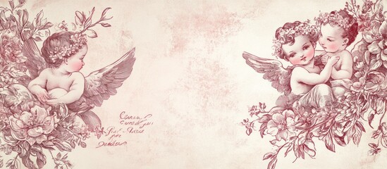 Two cherubic angels amidst blooming flowers, vintage aesthetic.