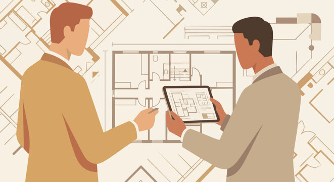 “Engineer analyzing building plans on a digital tablet with blueprint lines in the background, flat minimal design, warm neutral tones.” - Powered by Adobe