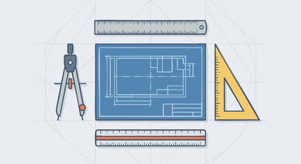 “Flat-style vector of engineering tools—compass, ruler, scale, drafting triangle—arranged around a blueprint sheet, clean geometric layout.”