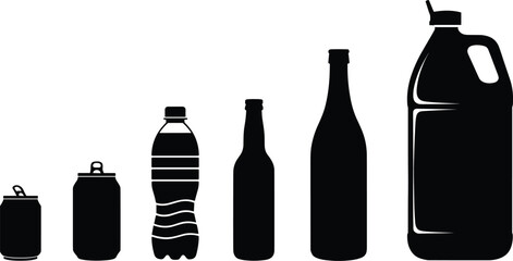 Black silhouette collection of drink bottles and cans, vector illustration of beverage containers, soda, water, and juice packaging design elements for branding
