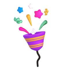 A 3D stylized purple party popper with orange stripes shooting out stars and colorful streamers.